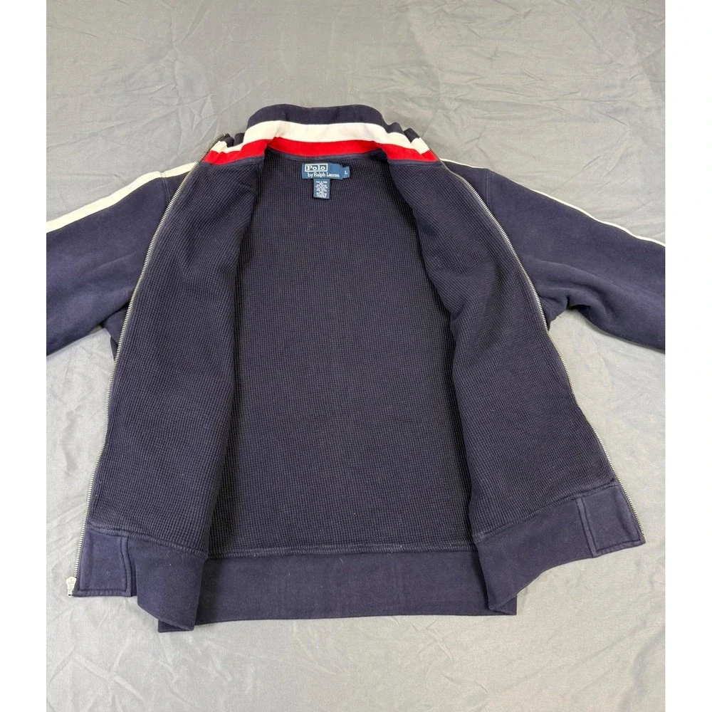 Vintage Y2K Polo Ralph Lauren Mens Navy Blue Waffle Full Zip Track Jacket Size L